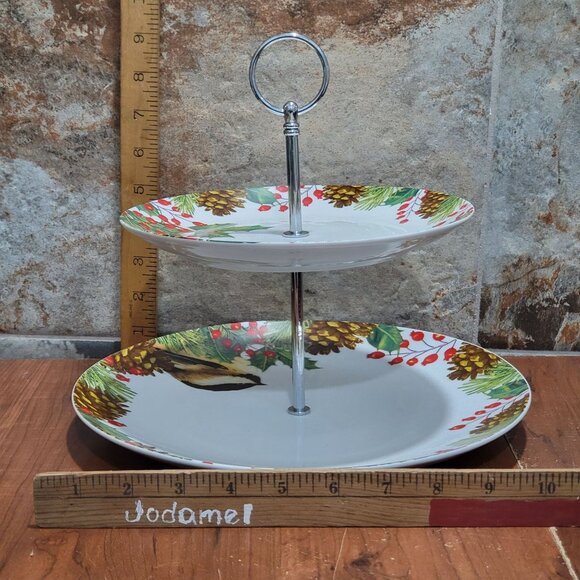 Vintage Two Tier Mary Lake Thompson Porcelain Holly & Pine Cake Stand Christmas - Picture 7 of 11
